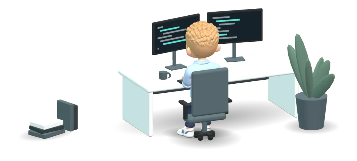3D avatar of Lars at his desk at home, typing